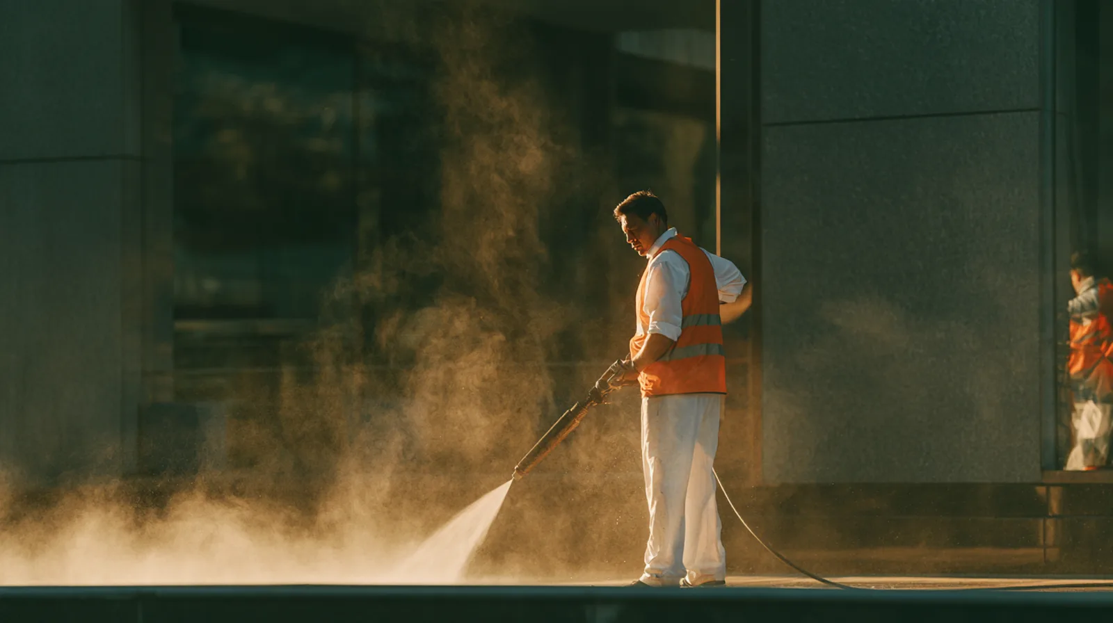 Technician in a high-visibility vest pressure washing a commercial stone walkway