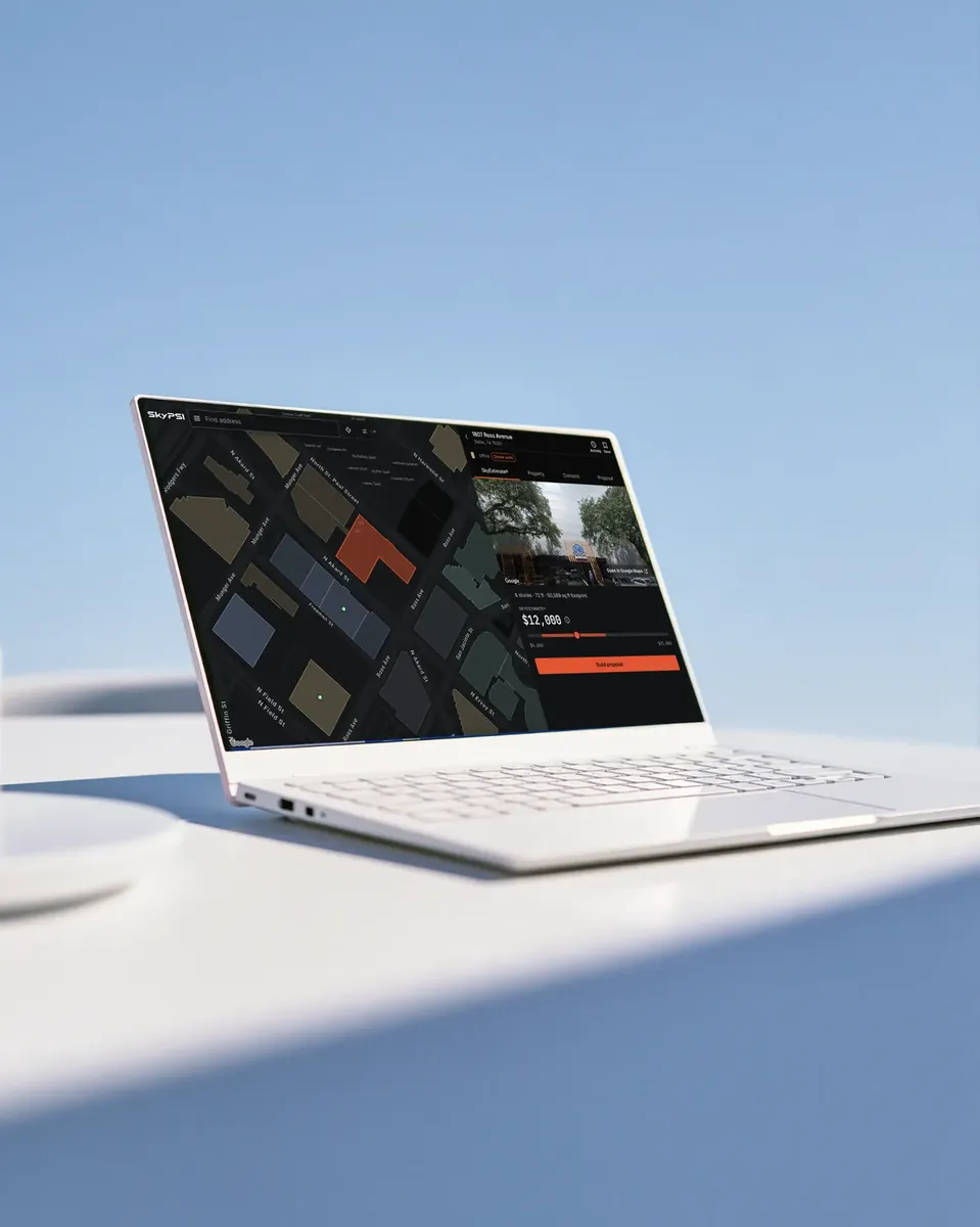 Laptop showing the SkyPSI Operator+ app with a map of commercial buildings and a priced building