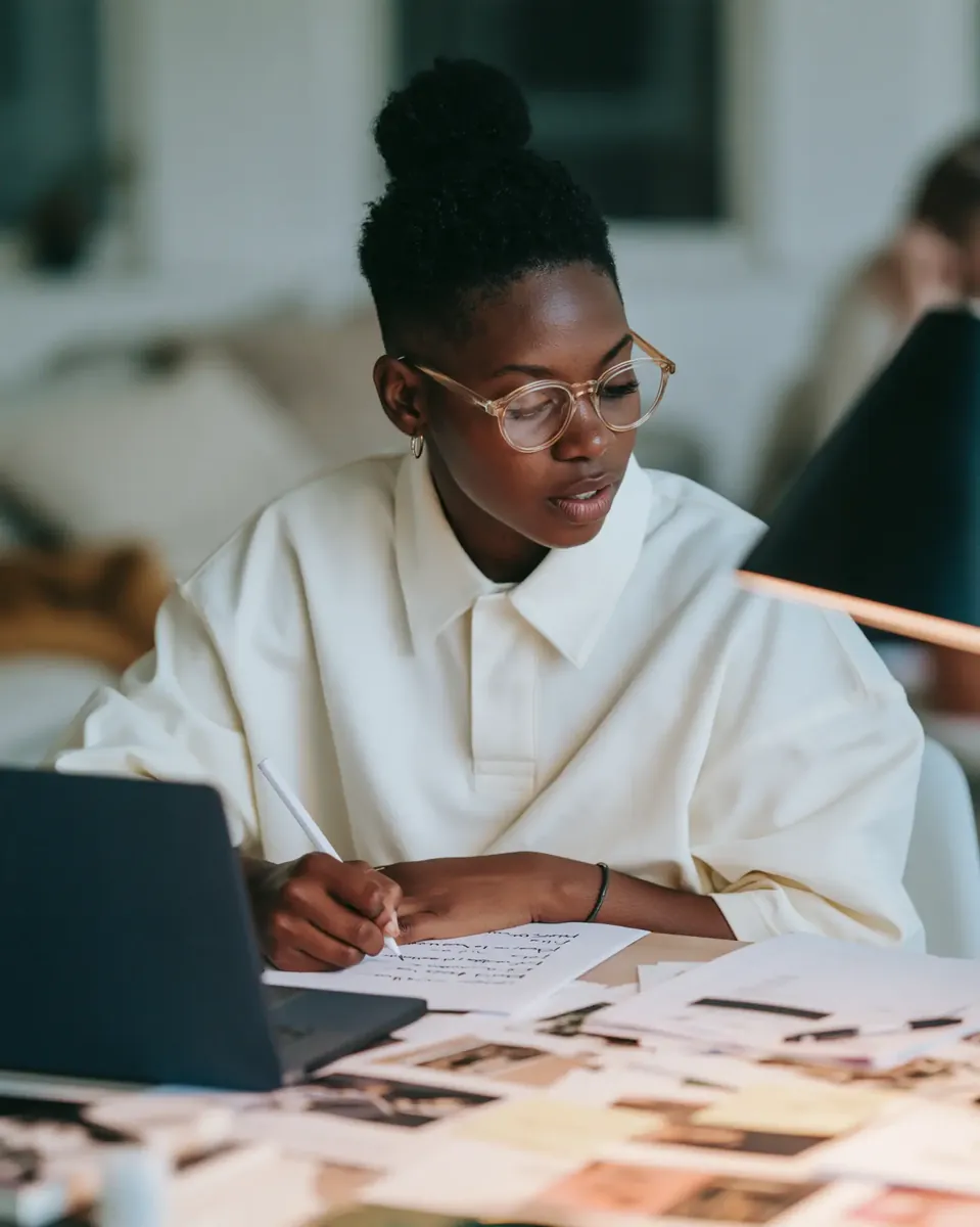 Operator writing a marketing plan next to a laptop