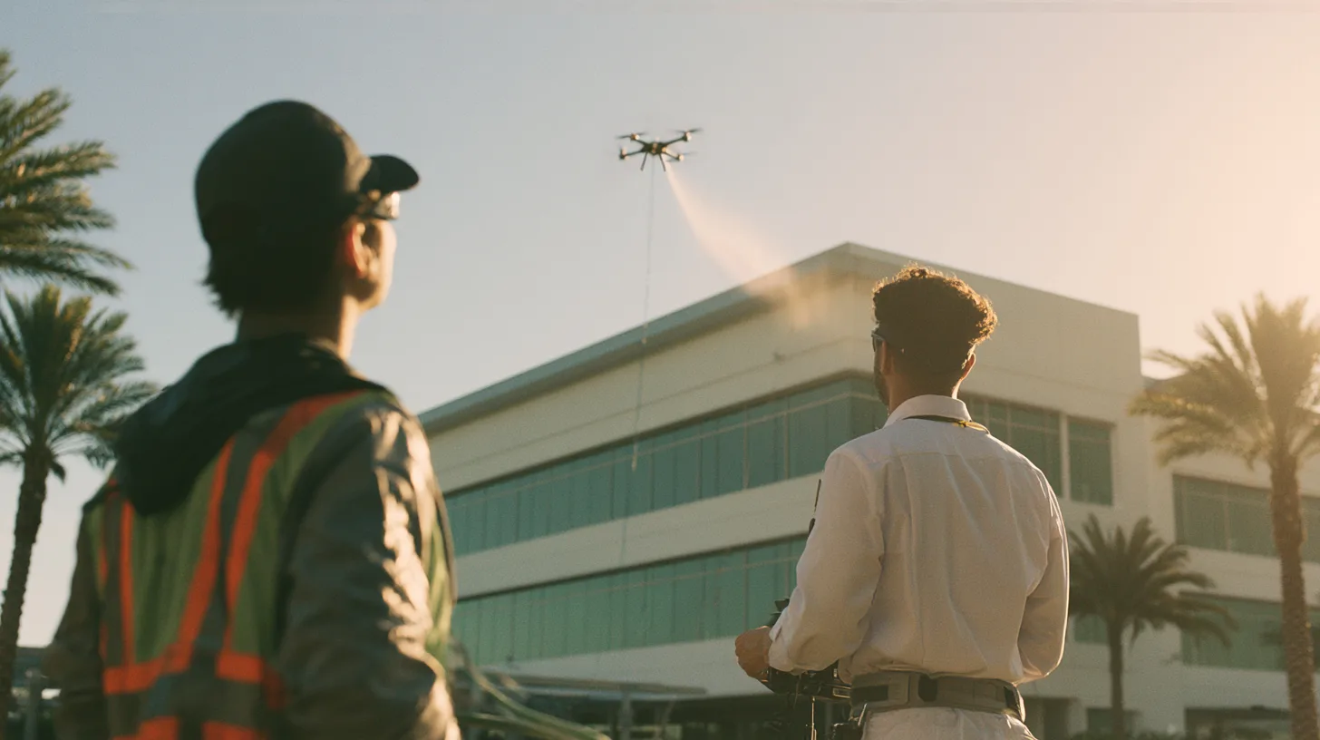 Drone soft washing a commercial building façade