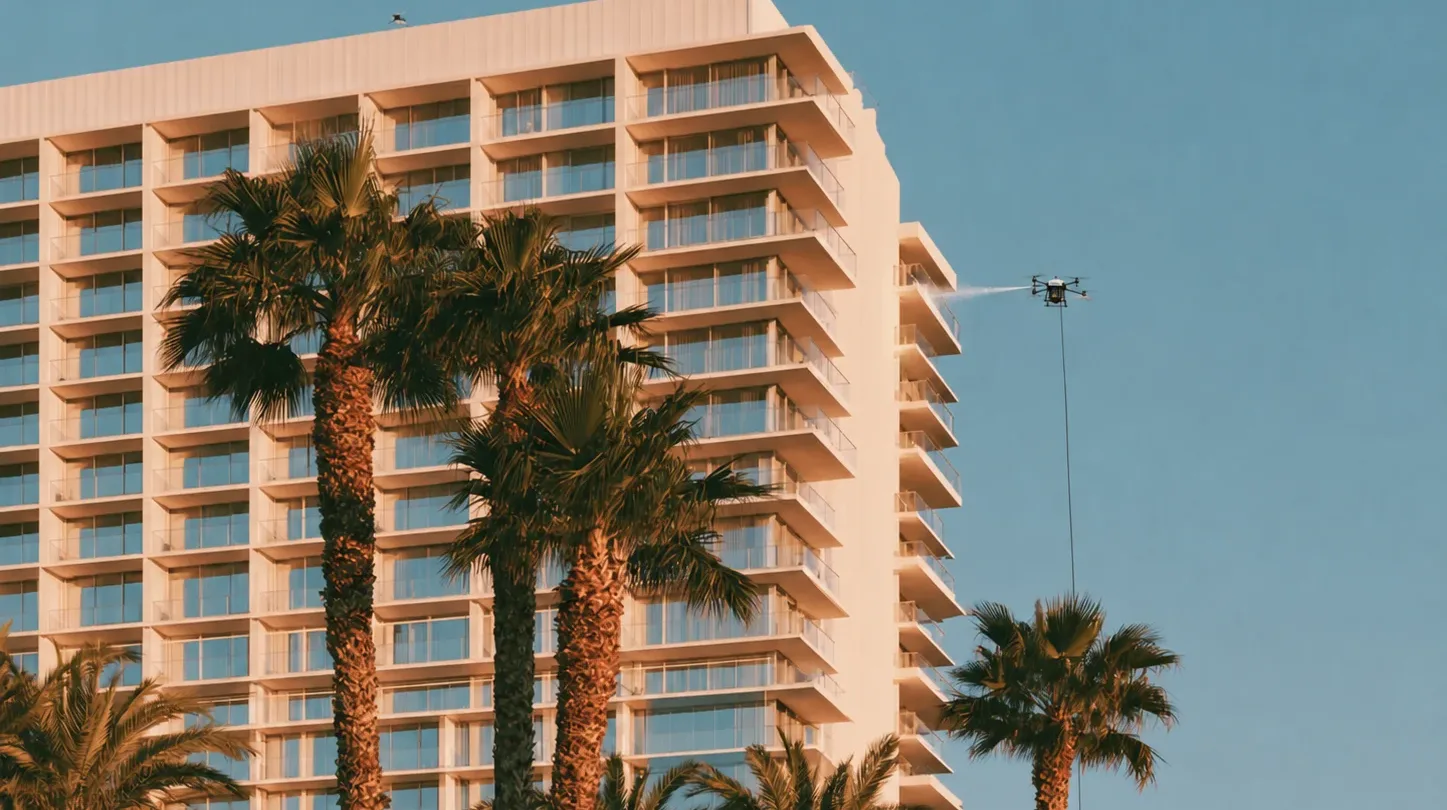 Drone pressure washing a multi-story commercial building with palm trees in the foreground.