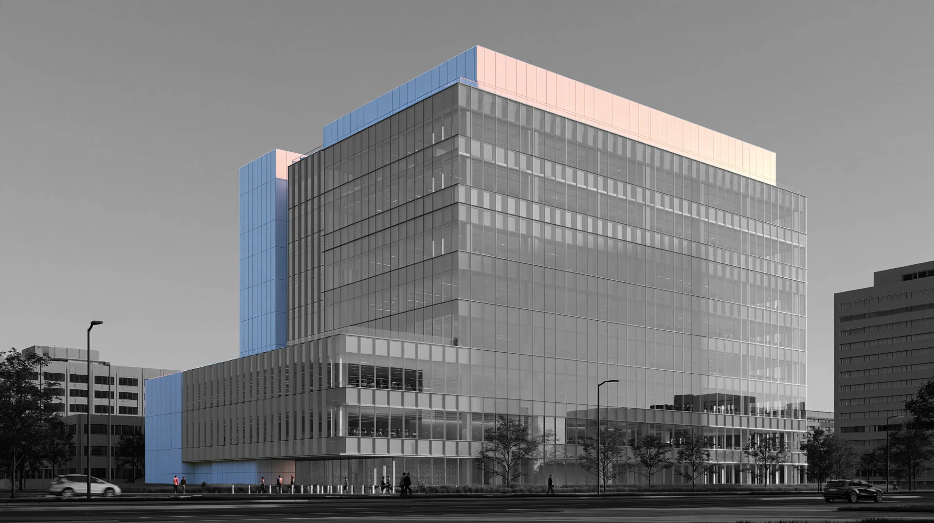 Commercial building exterior highlighted for drone pressure washing