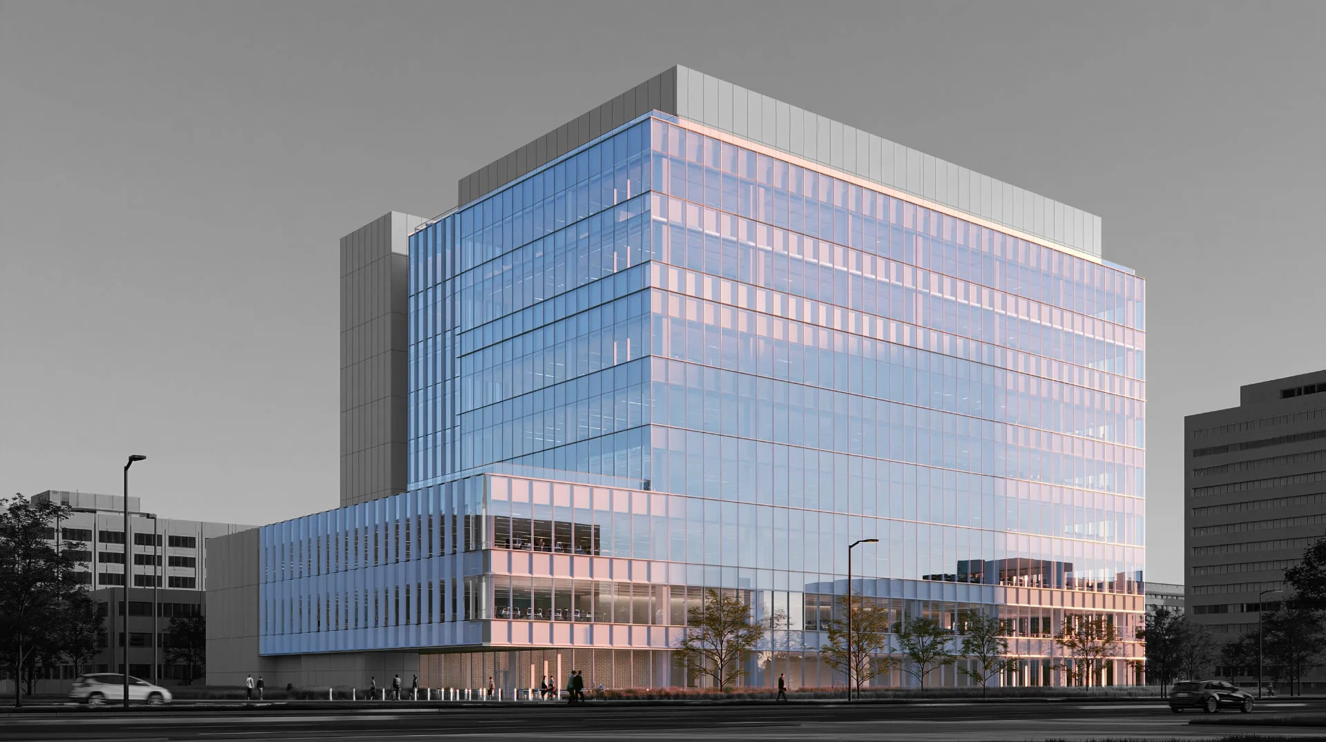 Commercial building glass and facade highlighted for drone soft washing