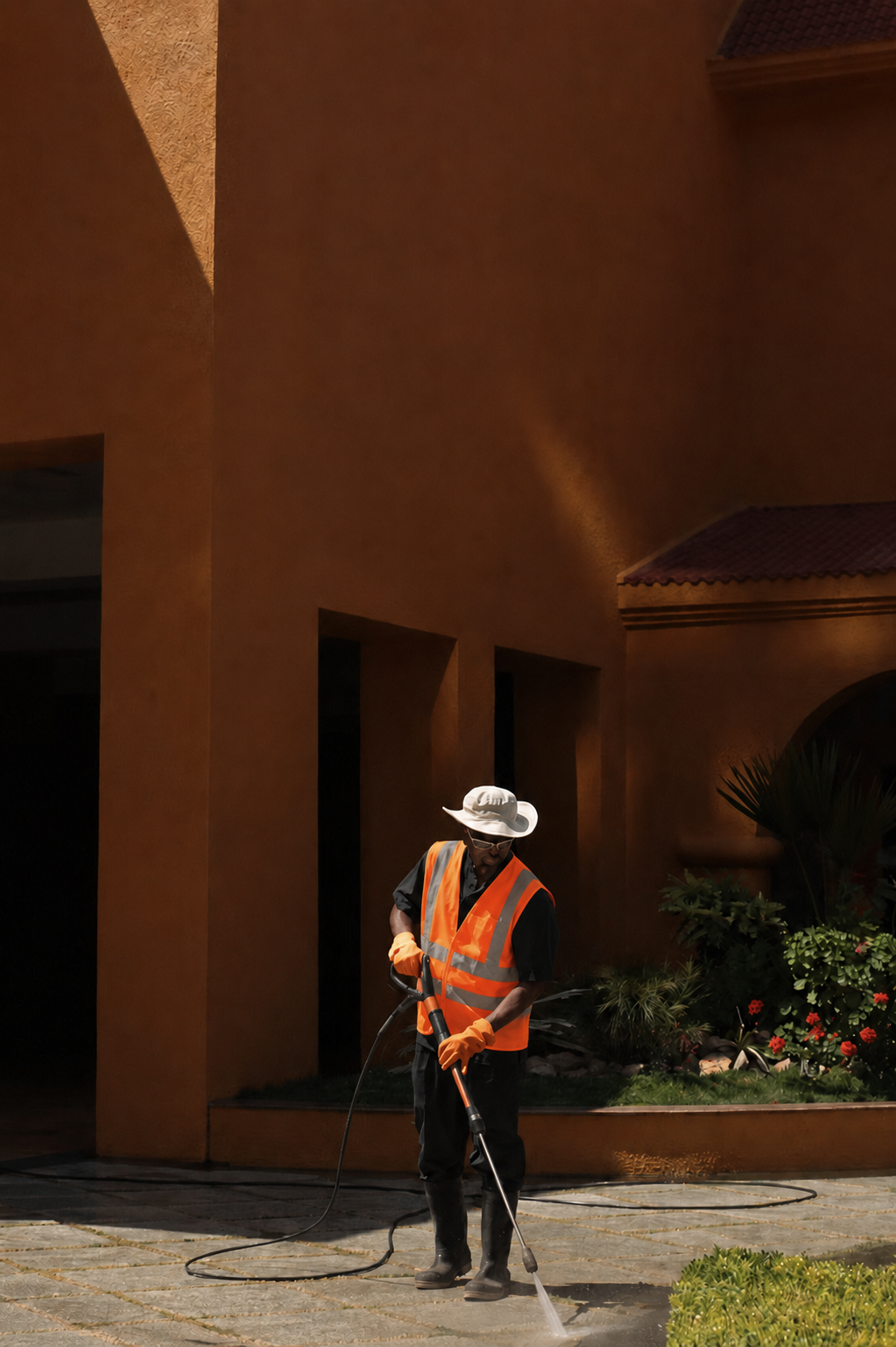 Technician in a high-visibility vest pressure washing a commercial stone walkway