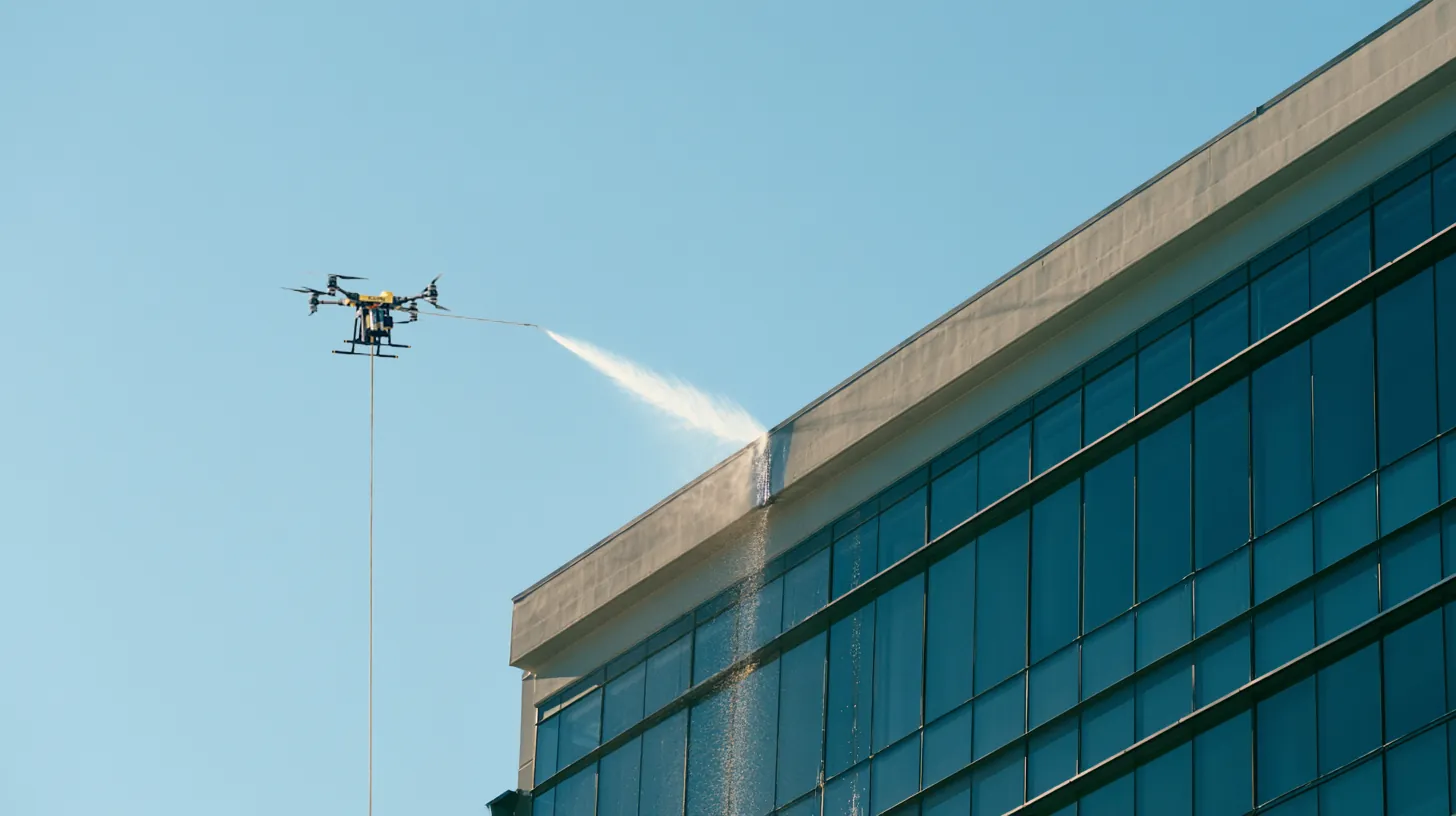 Tethered drone spraying water along the upper facade and roofline of a commercial glass office building.