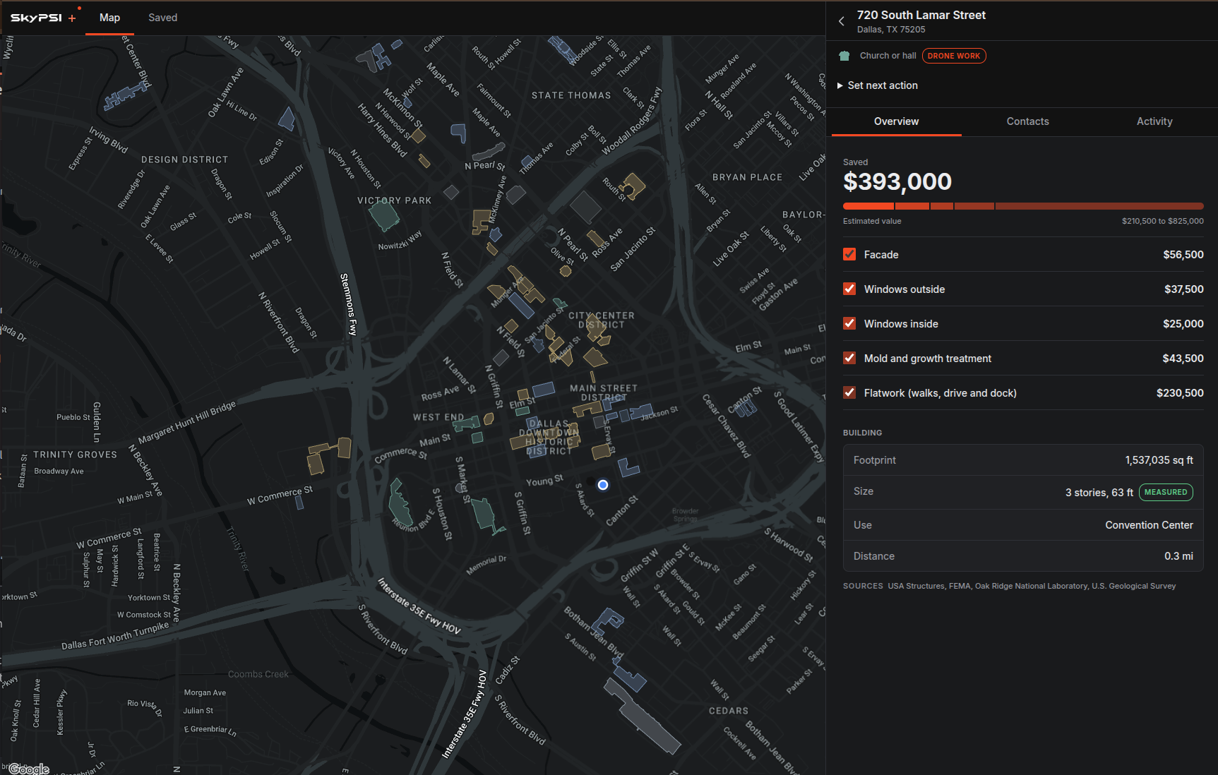 Operator+ map of Dallas buildings with one building open